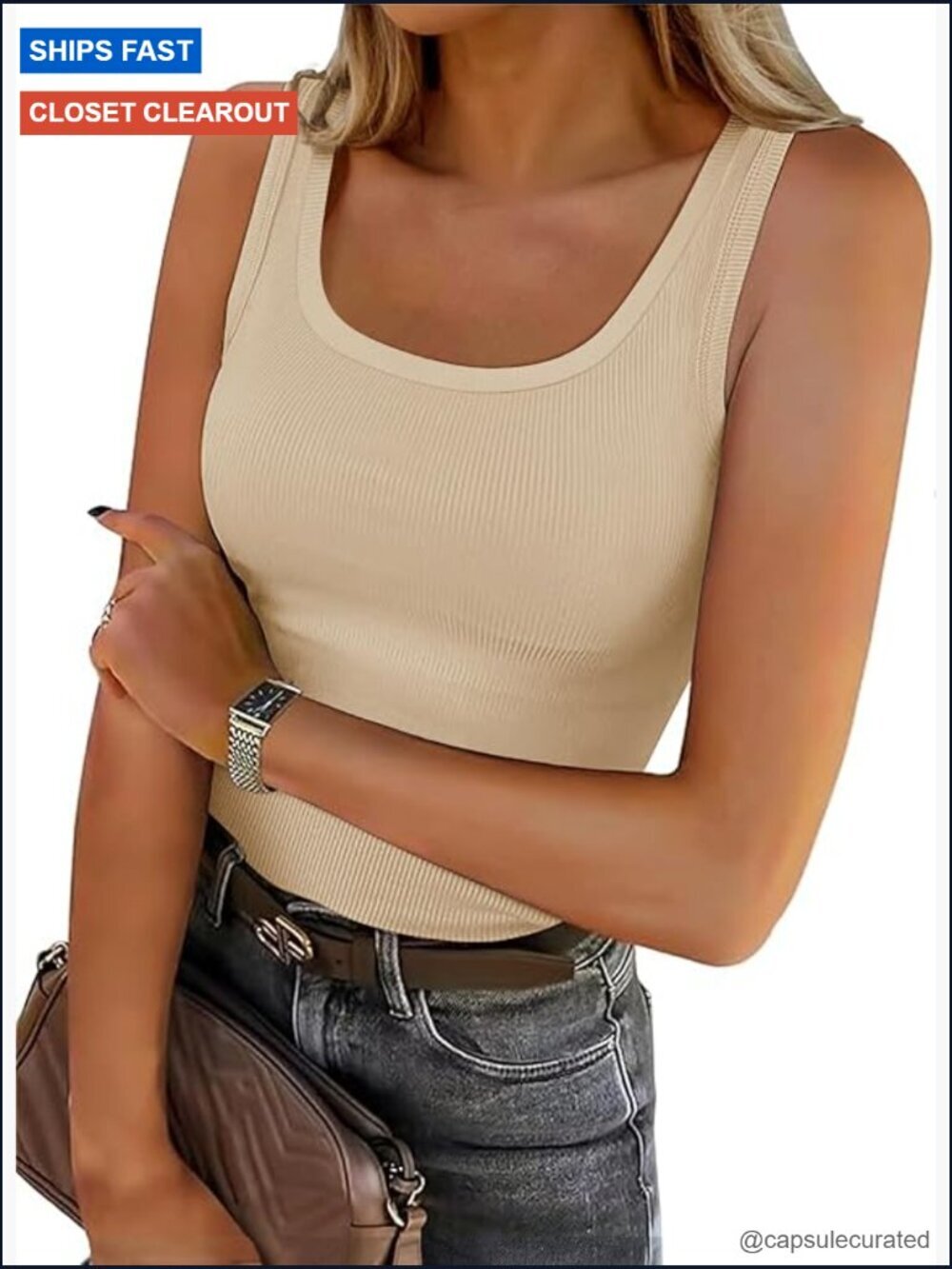 Women's Ribbed Knit Sleeveless Scoop Neck Fitted Tank Top Cami